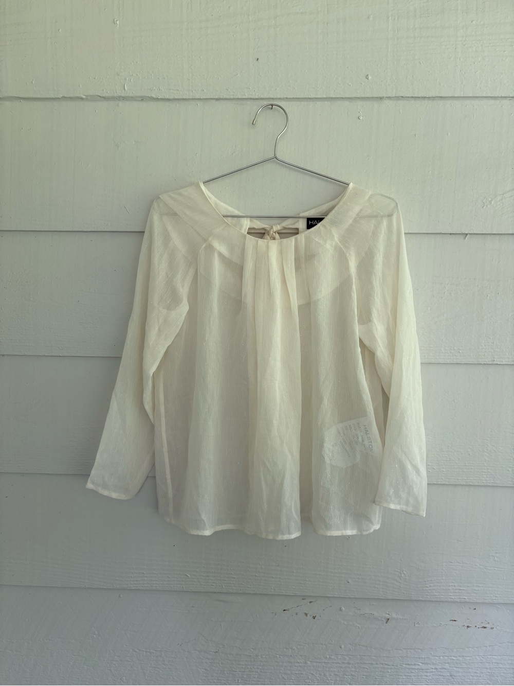 Halston Ivory Sheer Tie Back Blouse Size 6 Designer Sample Romantic Top